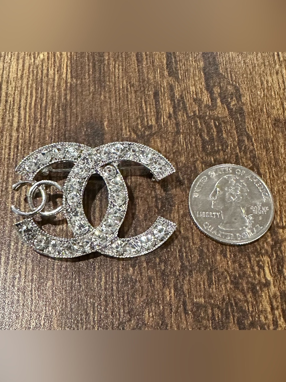 Crystal Double-C Logo Brooch - Silver Rhinestone Accent - Picture 3 of 3